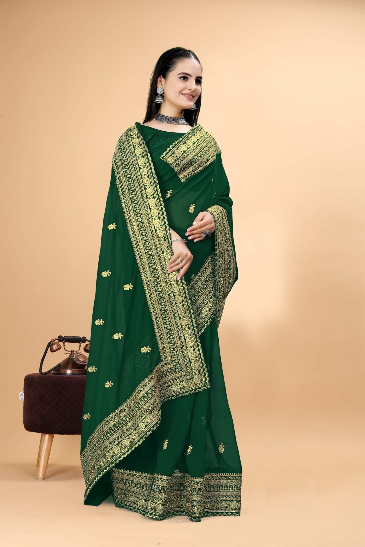 Green Embroidered Georgette Saree Women