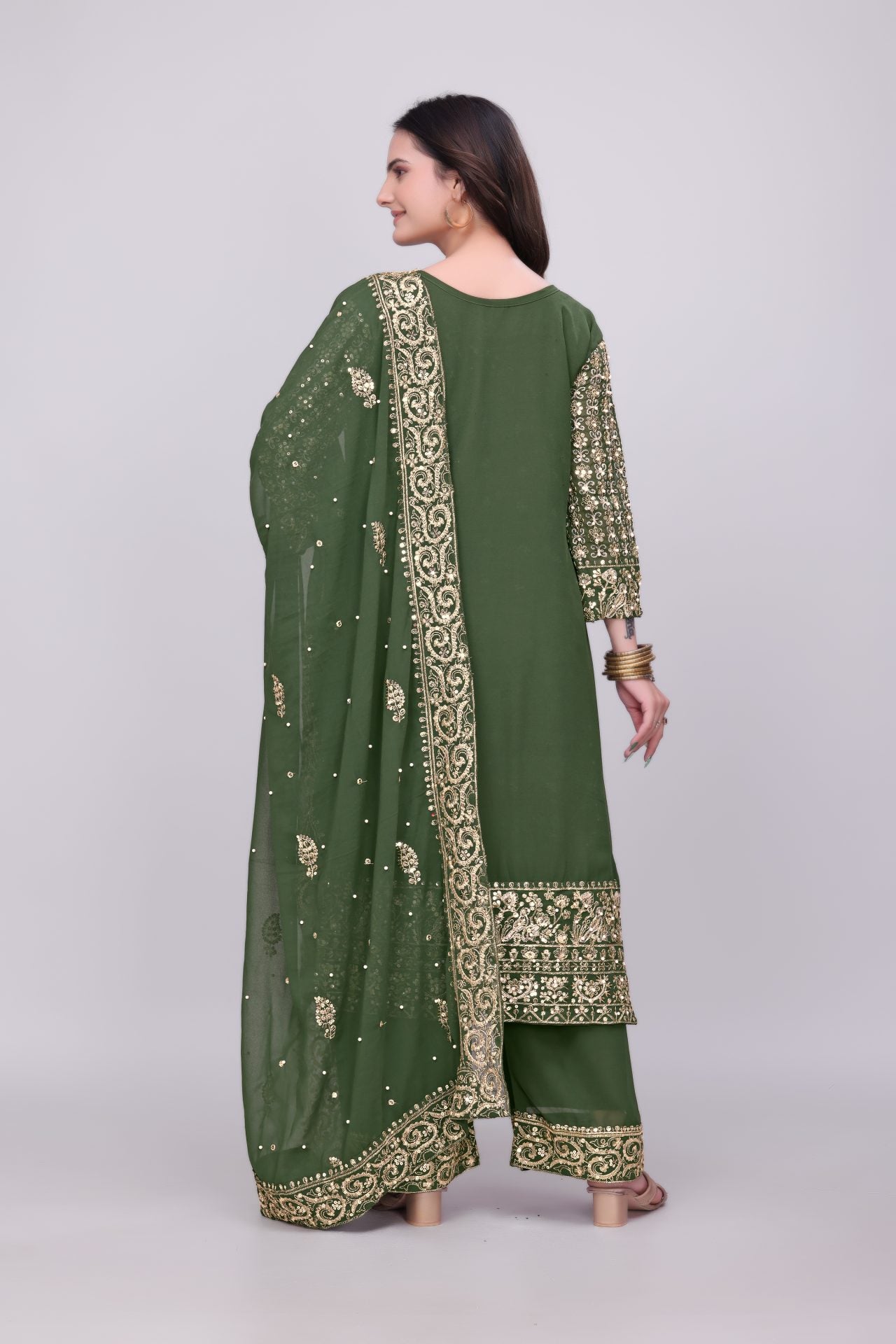 Green Heavy Embroidered Palazo Suit