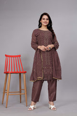 Brown Embroidered Georgette Plazo Suit