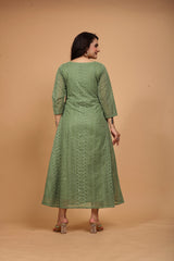 Olive Green Chikankari Anarkali Kurti Women