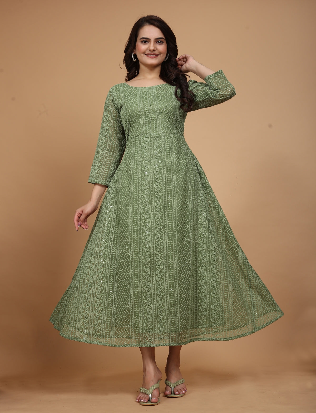olive Green Chikankari Anarkali Kurti