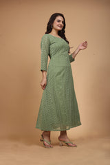 Olive Green Chikankari Anarkali Kurti Women