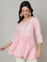 Pink Cotton Short Kurti Top