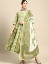 Green Floral Printed Anarkali Set