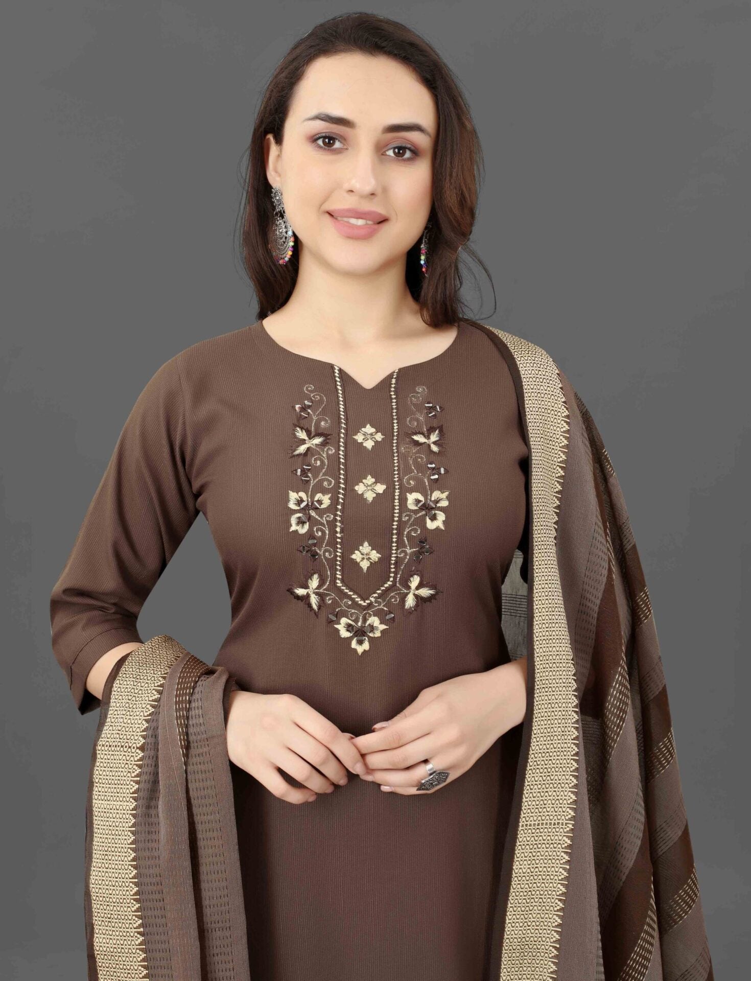 Women brown cotton salwar suit with dupatta