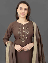 Women brown cotton salwar suit with dupatta