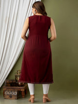 Wine Embroidered Straight Kurti