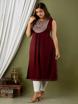 Wine Embroidered Straight Kurti