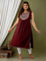 Wine Embroidered Straight Kurti