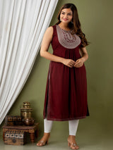 Wine Embroidered Straight Kurti