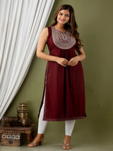 Wine Embroidered Straight Kurti