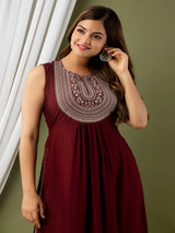 Wine Embroidered Straight Kurti