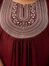 Wine Embroidered Straight Kurti