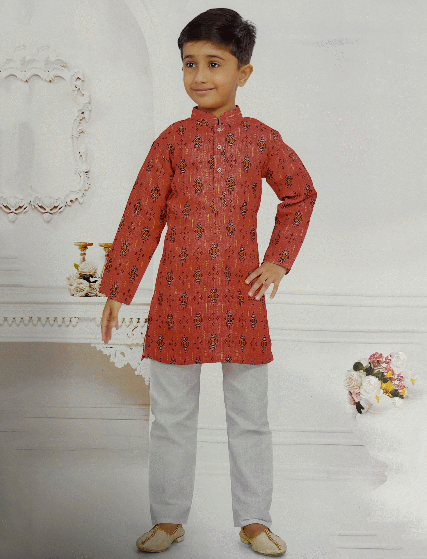 Red Printed Kurta Pajama Kids