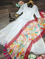 Chiffon White Gown With Digital Printed Duppata