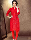 red chikankari kurti women