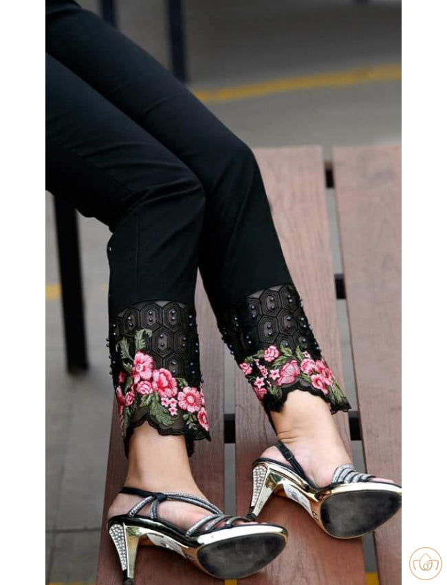 Straight Pant With Net And Floral Detailing - Black