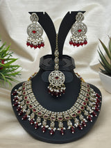 Maroon Necklace with Earrings and Maang Tikka