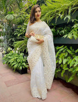 White Organza Saree With Thread Pearl Work 2