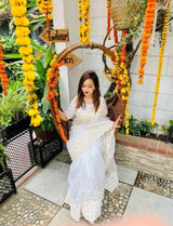White Organza Saree With Thread Pearl Work
