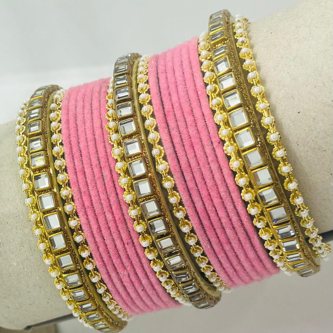 Pink Gold Stone Velvet Bangles