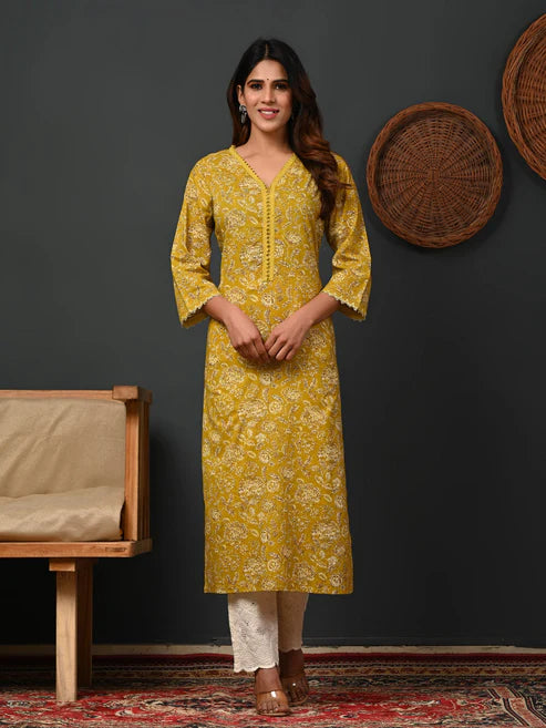 Mustard Printed Cottton Kurti