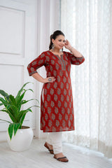 Maroon Printed Straight Kurta