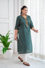 Green Printed Straight kurta