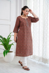 Rust Printed Straight Kurta