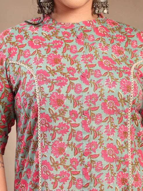 Sky Blue Floral Printed Cotton Kurti