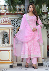 Pink AnarkaliPrinted Embroiderd Suit