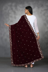 Maroon Embroidered Velvet Shawl Women