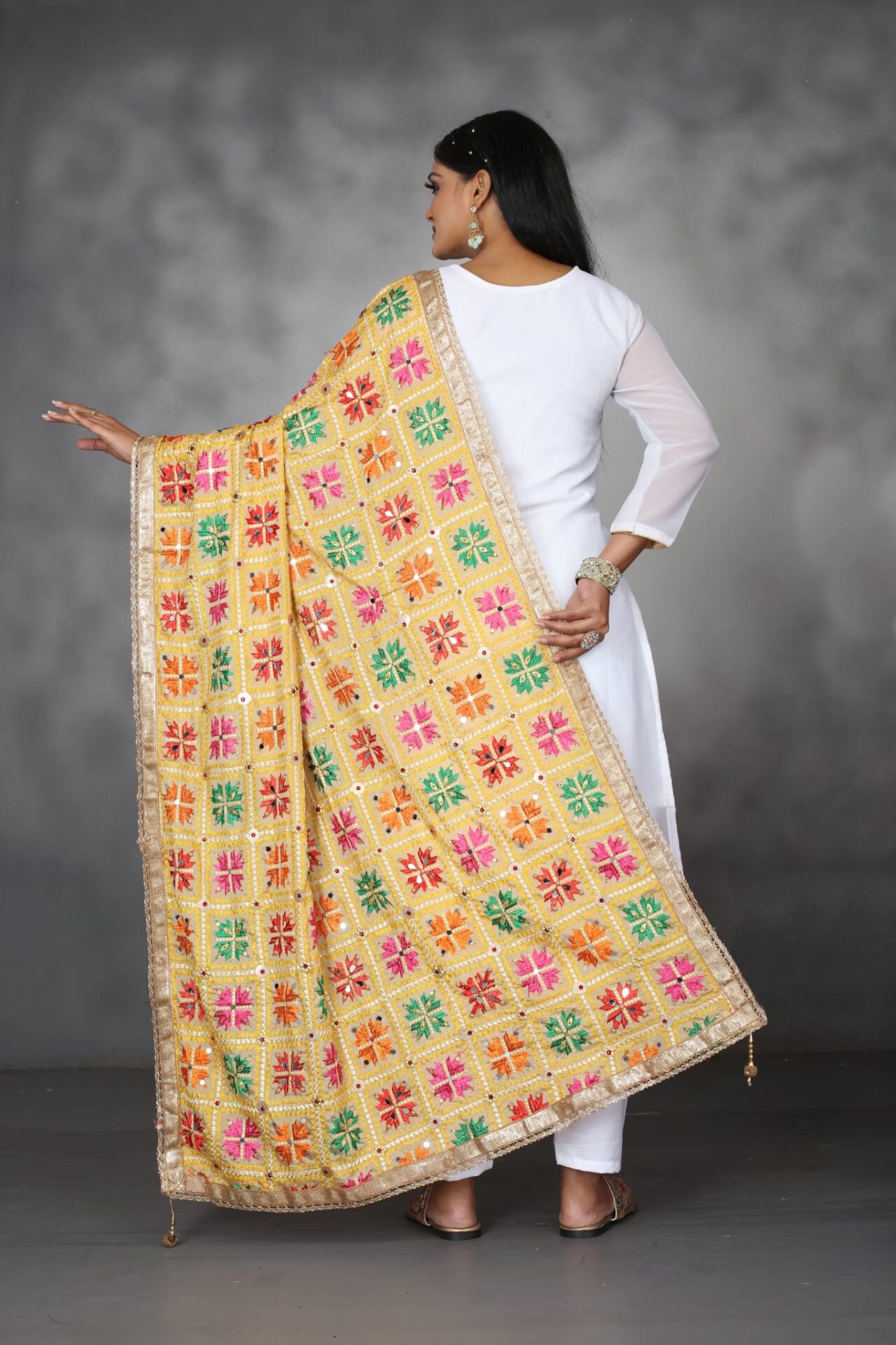 Golden Indian Phulkari Dupatta With Latkan