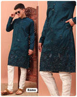 Men Teal Blue Embroidered Kurta Pajama 