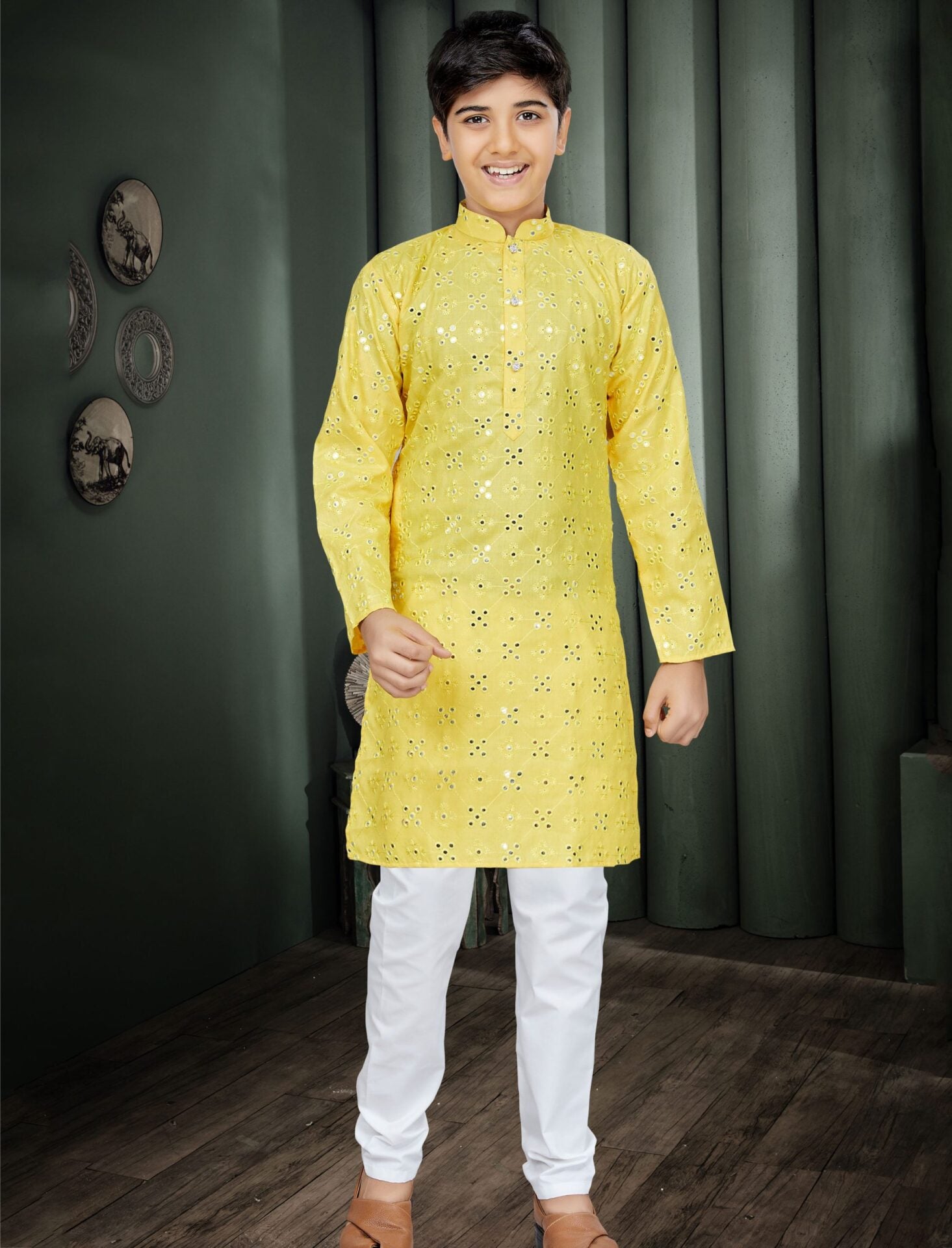 Boys Yellow Mirror Kurta Pajama