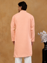 Peach pink silk blend embroidered men's kurta