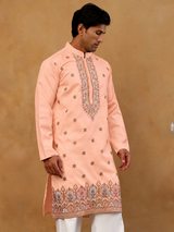 Peach pink silk blend embroidered men's kurta