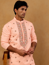 Peach pink silk blend embroidered men's kurta