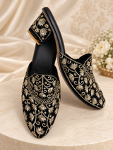 Black embroidered mules for women with gold floral threadwork