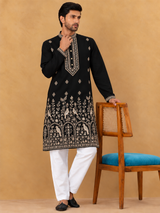 Black kurta with even neckline border and beige and champagne embroidery