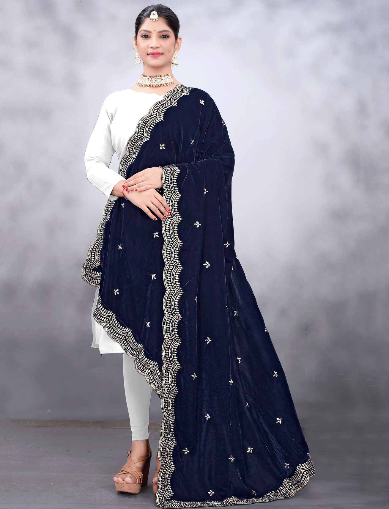 Navy Blue Embroidered Velvet Shawl Women