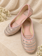 Blush pink bridal Punjabi jutti for women with mirror work and embroidery