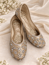 Champagne gold bridal jutti for women with silver mirror work