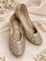 Champagne gold bridal jutti for women with silver mirror work