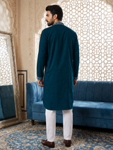 Dark teal embroidered silk blend kurta pyjama