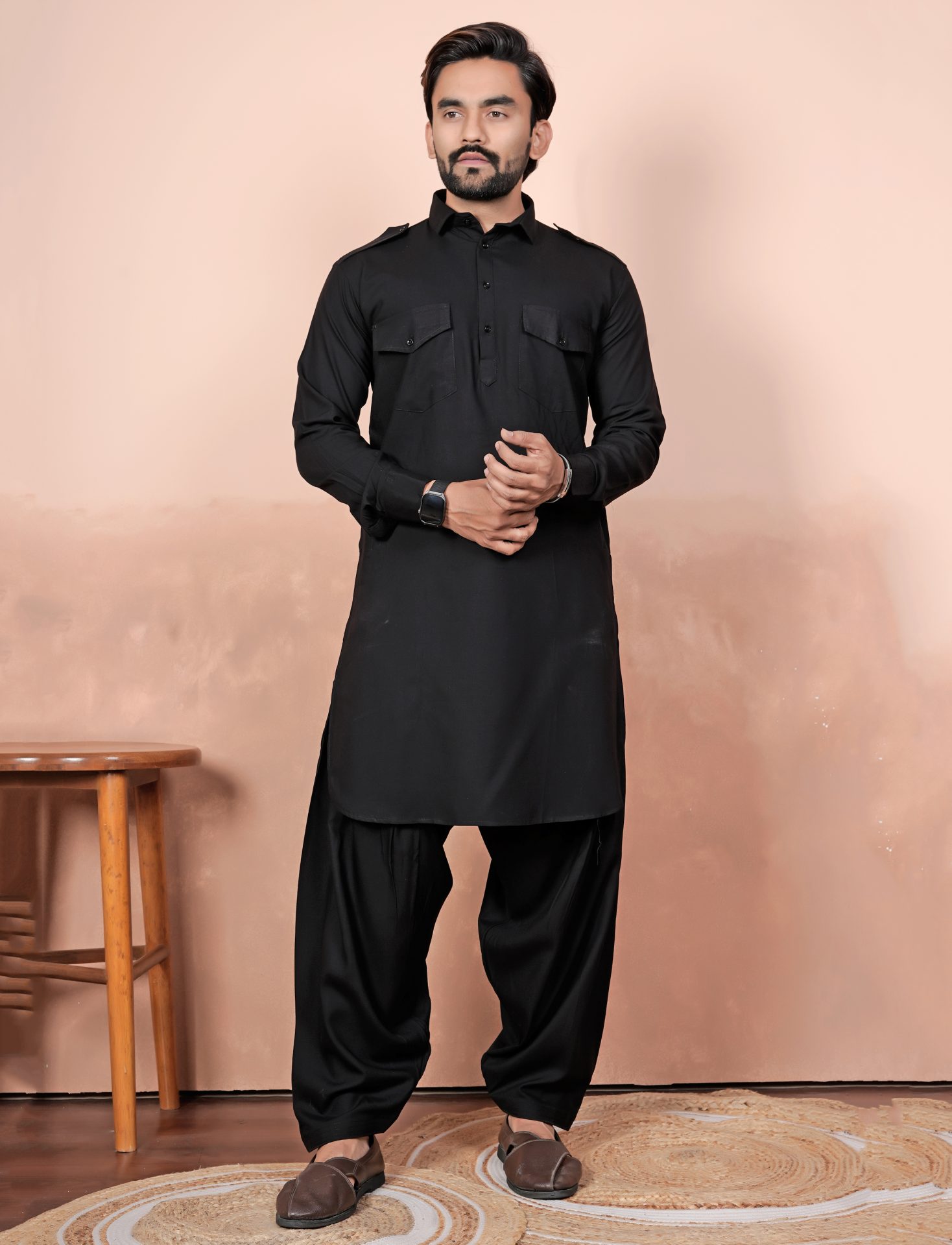 Rayon Black Pathani Kurta Pajama