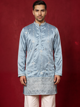 Blue Men's Silk Blend Embroidered Kurta