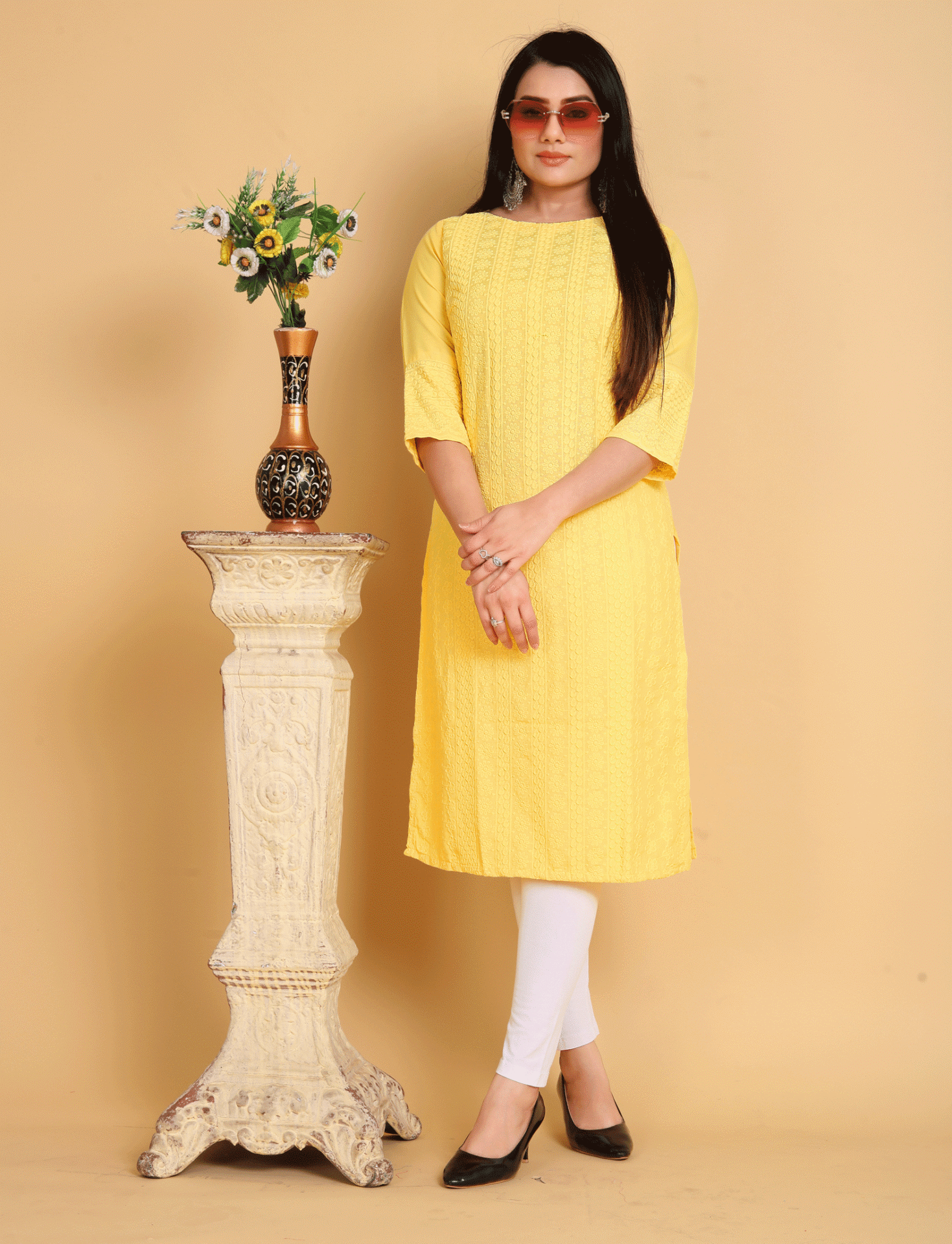 Yellow Embroidered Rayon A-line Kurta