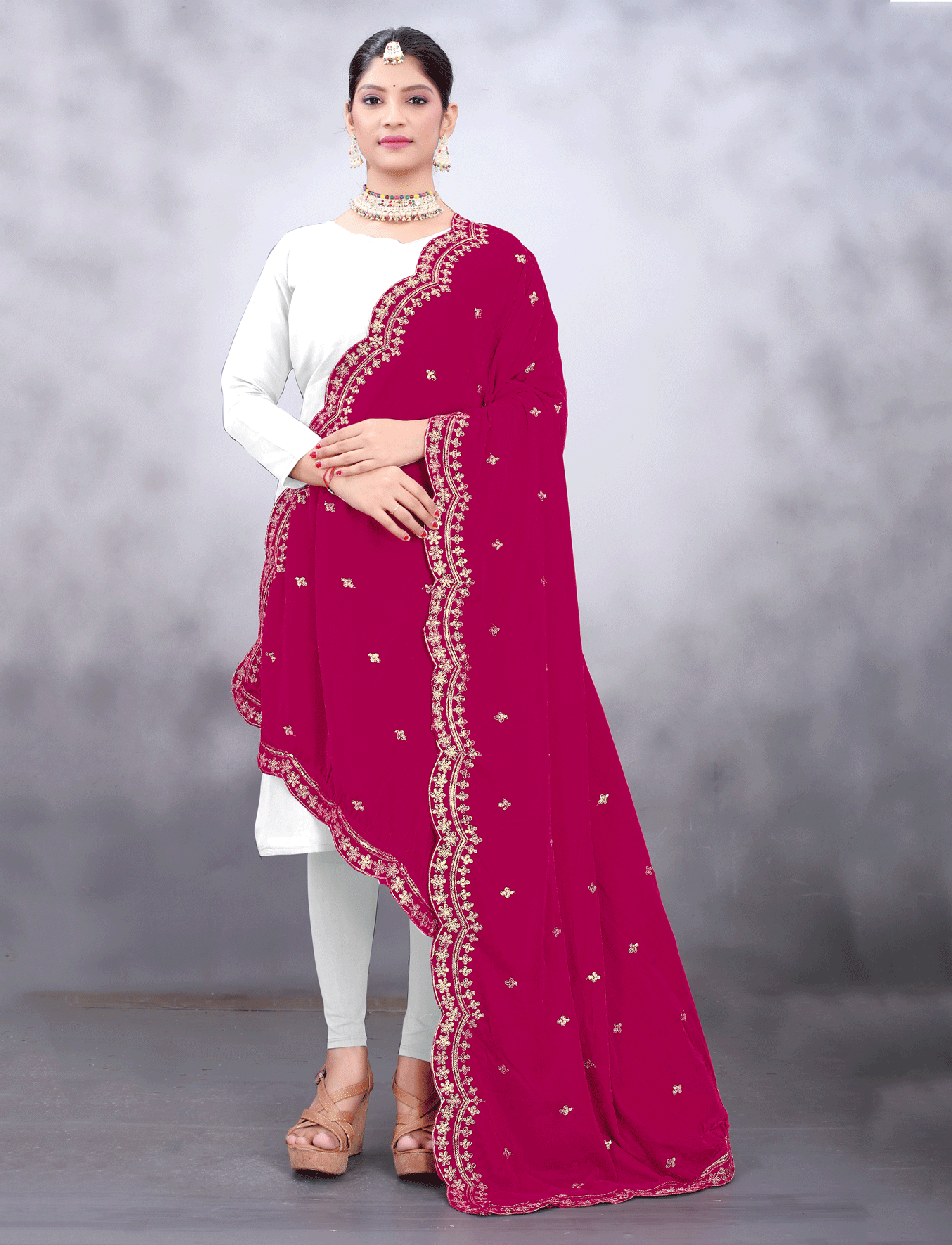 Magenta Embroidered Velvet Phulkari Women