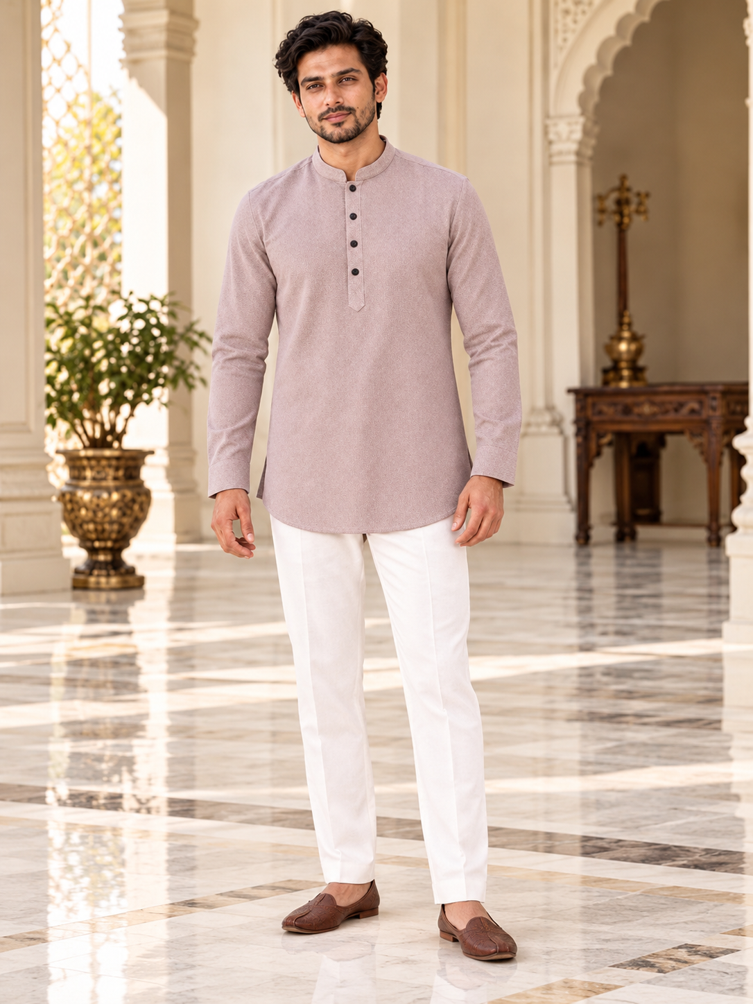 Mauve Textured Short Kurta for Men — full-length with white pajama